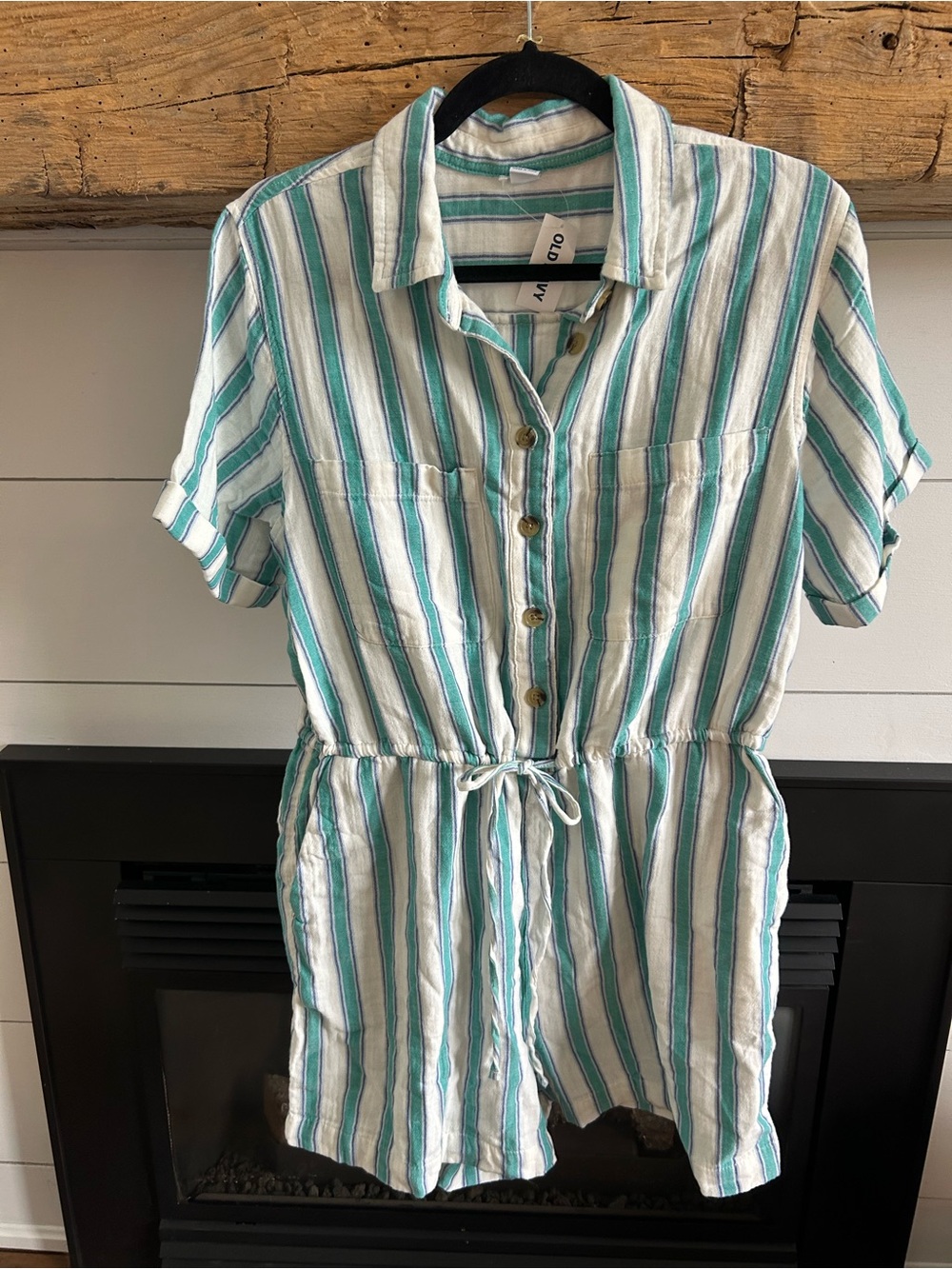 Linen Blend Striped Button Romper - Teal & White